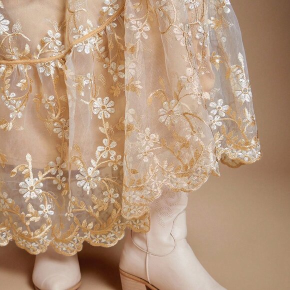 White Boho Women's Embroidered Floral Mesh Drawstring Tiered Flowy Maxi Skirt - Picture 6 of 6